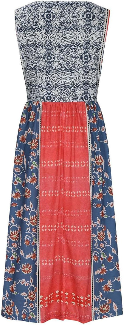 Sleeveless Pullover Dress - Women's Casual Knee-Length Print Pattern Dress in Polyester