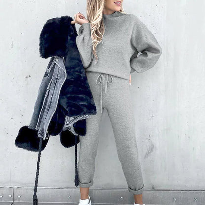 2025 Autumn and Winter Women's Sweater High Collar Casual Pure Color Trousers Two-piece Set