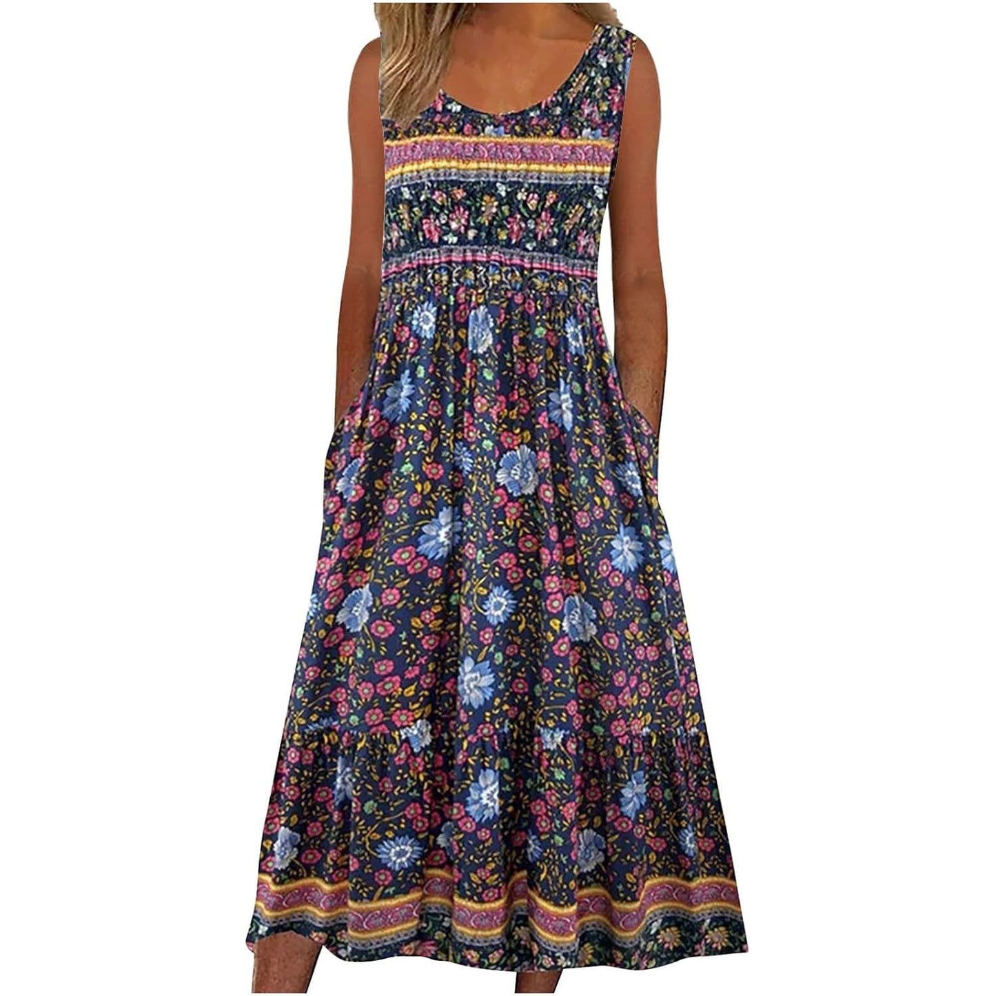 Sleeveless Pullover Dress - Women's Casual Knee-Length Print Pattern Dress in Polyester