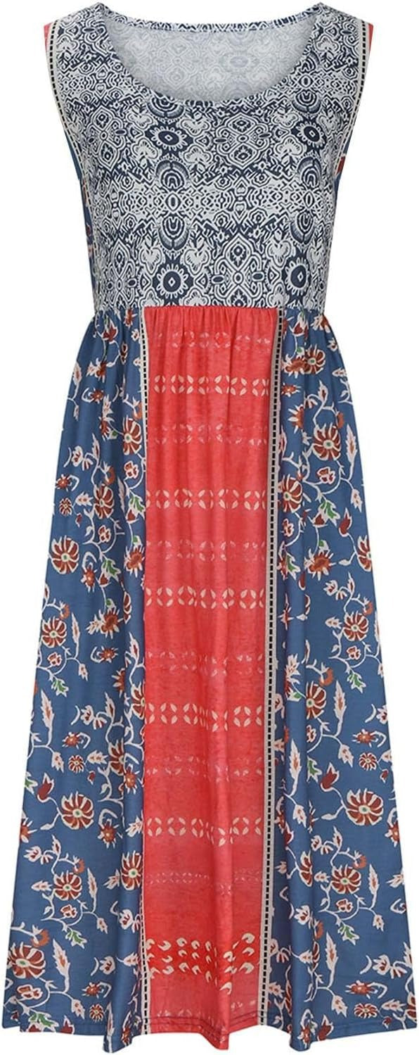 Sleeveless Pullover Dress - Women's Casual Knee-Length Print Pattern Dress in Polyester
