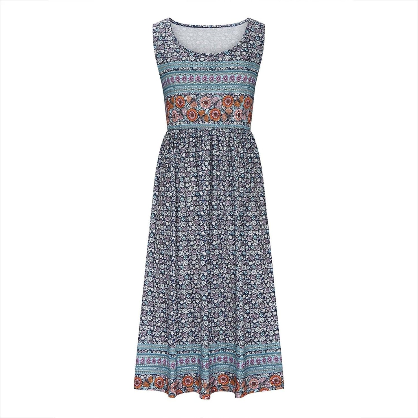 Sleeveless Pullover Dress - Women's Casual Knee-Length Print Pattern Dress in Polyester