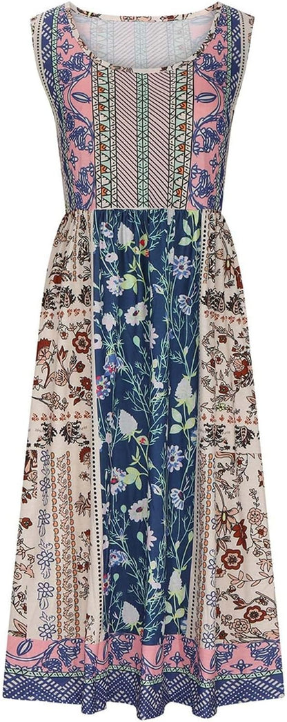 Sleeveless Pullover Dress - Women's Casual Knee-Length Print Pattern Dress in Polyester