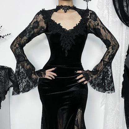 AltGoth Aesthetic Gothic Midi Dress Women Vintage Elagnt Lace Patchwork See Through Flare Sleeve High Waist Clubwear Dress Femme