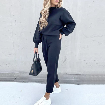 2025 Autumn and Winter Women's Sweater High Collar Casual Pure Color Trousers Two-piece Set