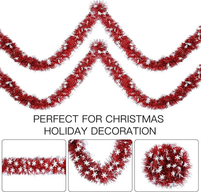 Christmas Tinsel Garland - 2 Meter Metallic Twist Snowflake Garland for Xmas Tree Decoration