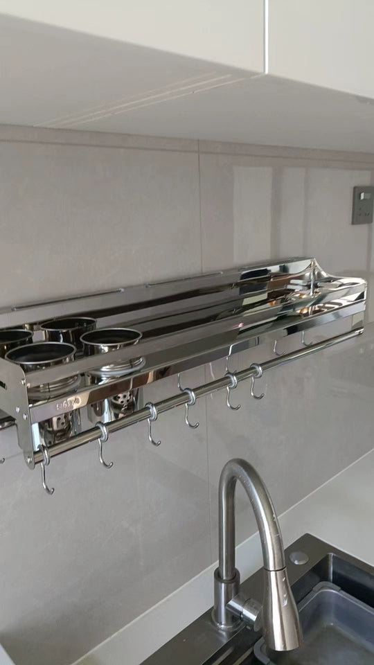 Stainless Steel Wall-Mounted Kitchen Storage Rack No-Drill Spice Shelf Knife Holder Condiment Organizer for Kitchen Counter
