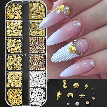 Ocean Gold Nail Art Charms - 3D Shell Seahorse Starfish Pearl Gems Studs - ZOOMNSTORE