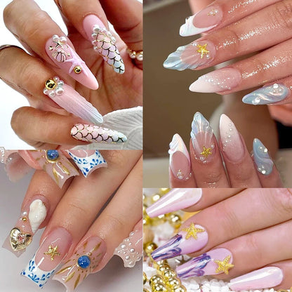 Ocean Gold Nail Art Charms - 3D Shell Seahorse Starfish Pearl Gems Studs - ZOOMNSTORE