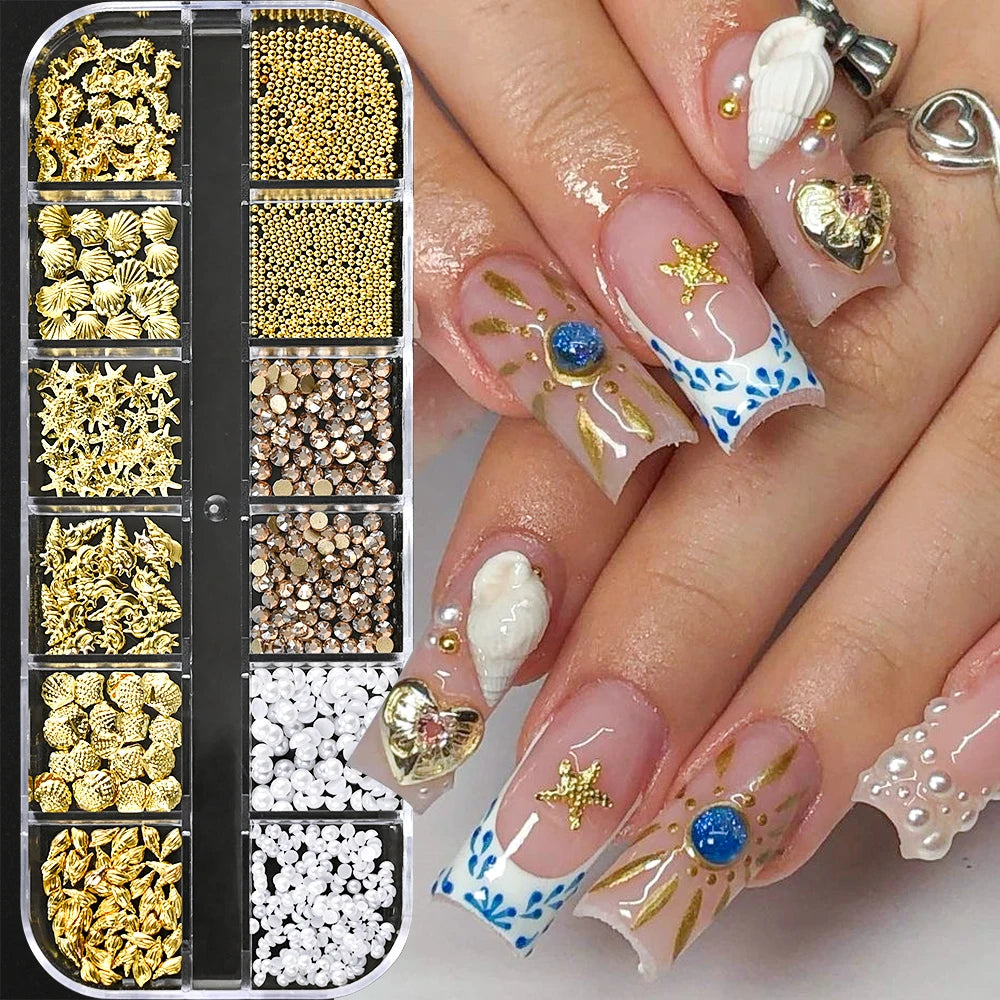Ocean Gold Nail Art Charms - 3D Shell Seahorse Starfish Pearl Gems Studs - ZOOMNSTORE