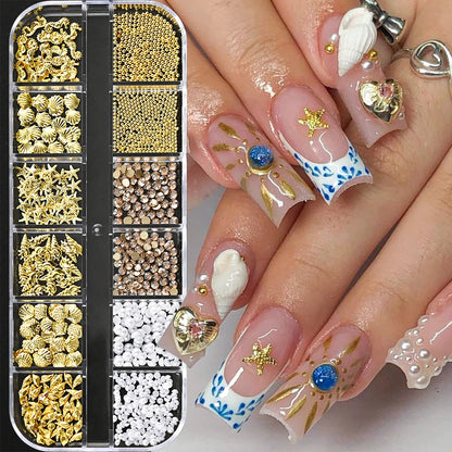Ocean Gold Nail Art Charms - 3D Shell Seahorse Starfish Pearl Gems Studs - ZOOMNSTORE