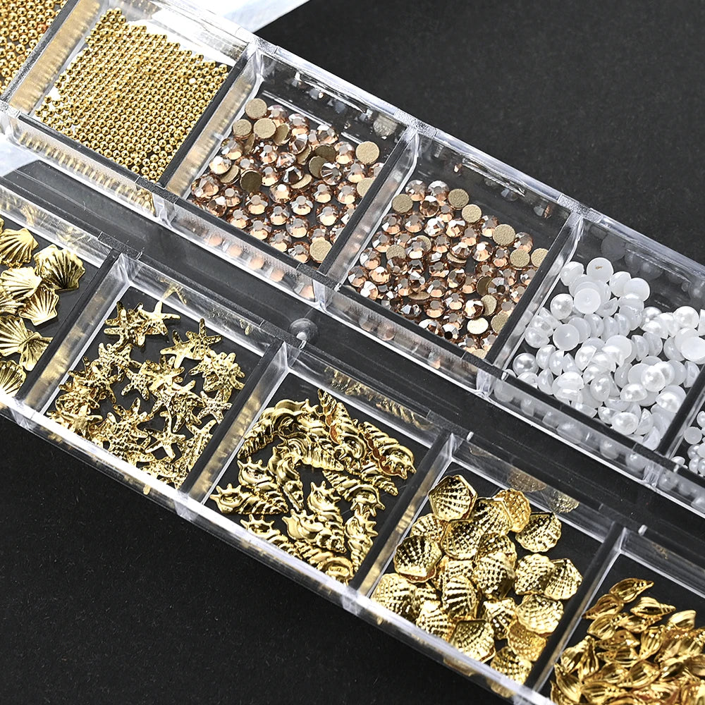 Ocean Gold Nail Art Charms - 3D Shell Seahorse Starfish Pearl Gems Studs - ZOOMNSTORE