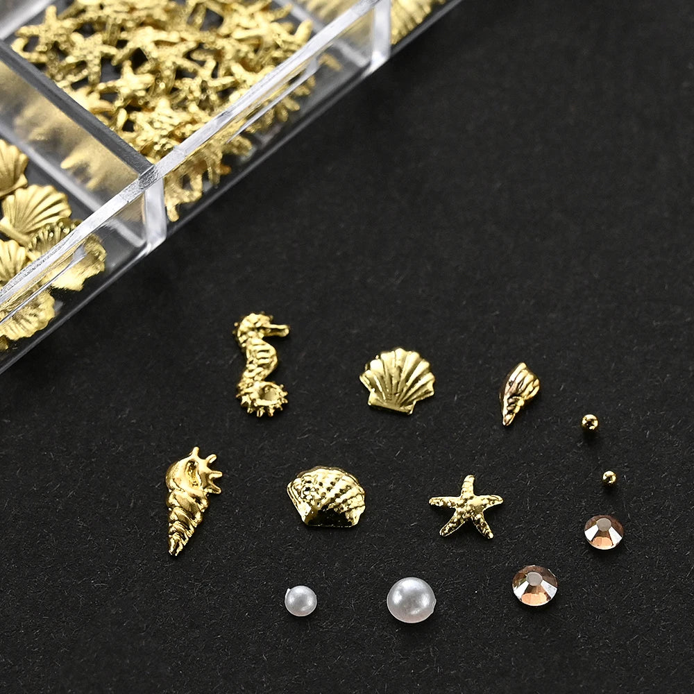 Ocean Gold Nail Art Charms - 3D Shell Seahorse Starfish Pearl Gems Studs - ZOOMNSTORE