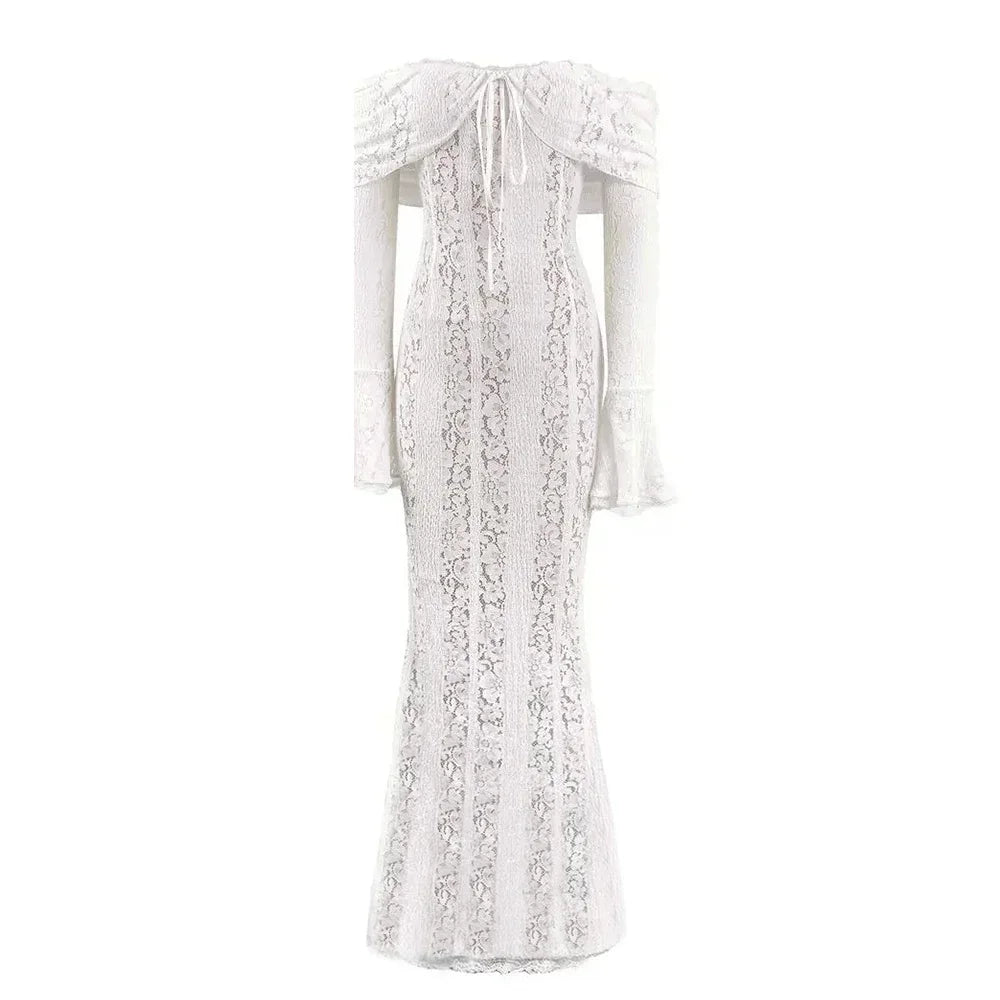 Off Shoulder Bodycon Dress - Elegant Lace Maxi Dress With Long Sleeve | Autumn Party - ZOOMNSTORE