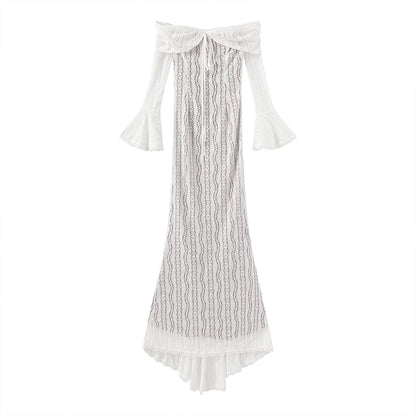 Off Shoulder Bodycon Dress - Elegant Lace Maxi Dress With Long Sleeve | Autumn Party - ZOOMNSTORE