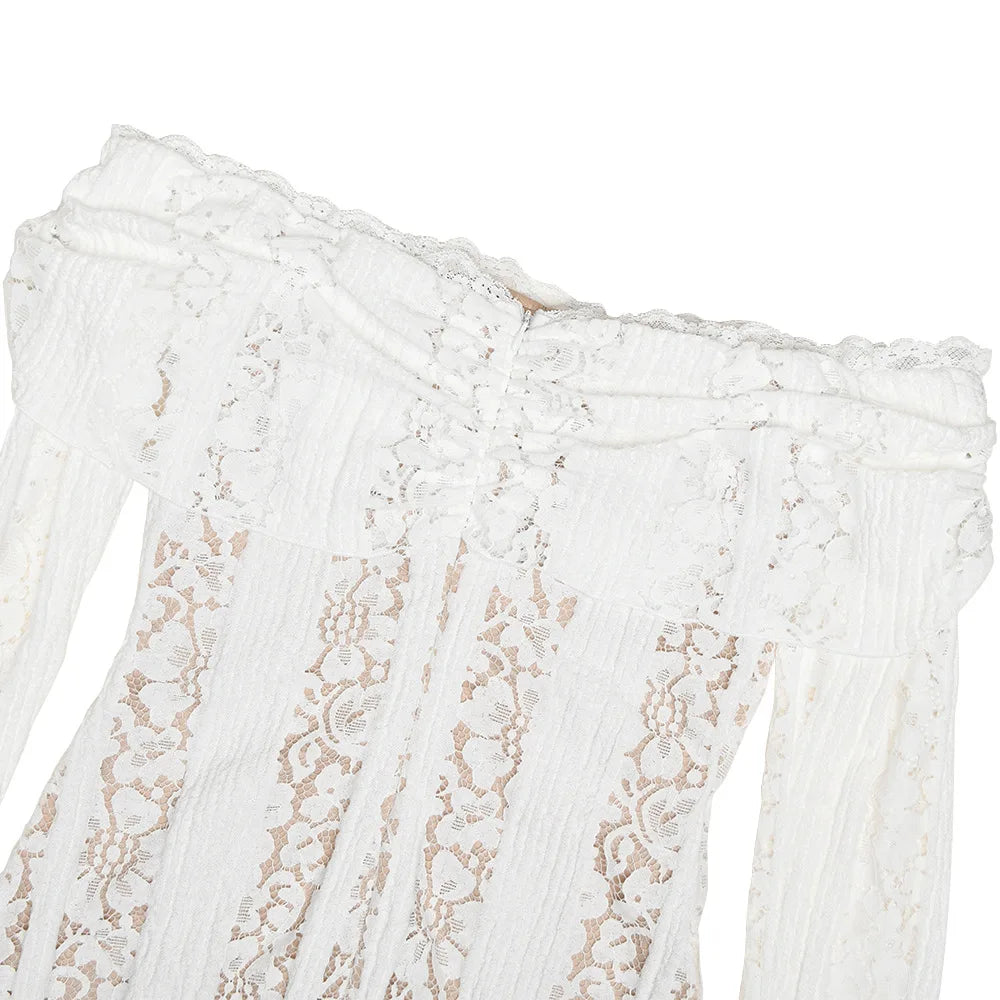 Off Shoulder Bodycon Dress - Elegant Lace Maxi Dress With Long Sleeve | Autumn Party - ZOOMNSTORE