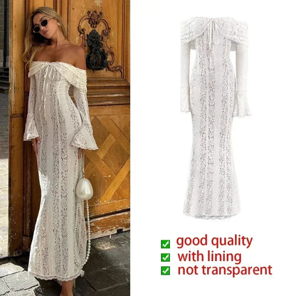 Off Shoulder Bodycon Dress - Elegant Lace Maxi Dress With Long Sleeve | Autumn Party - ZOOMNSTORE
