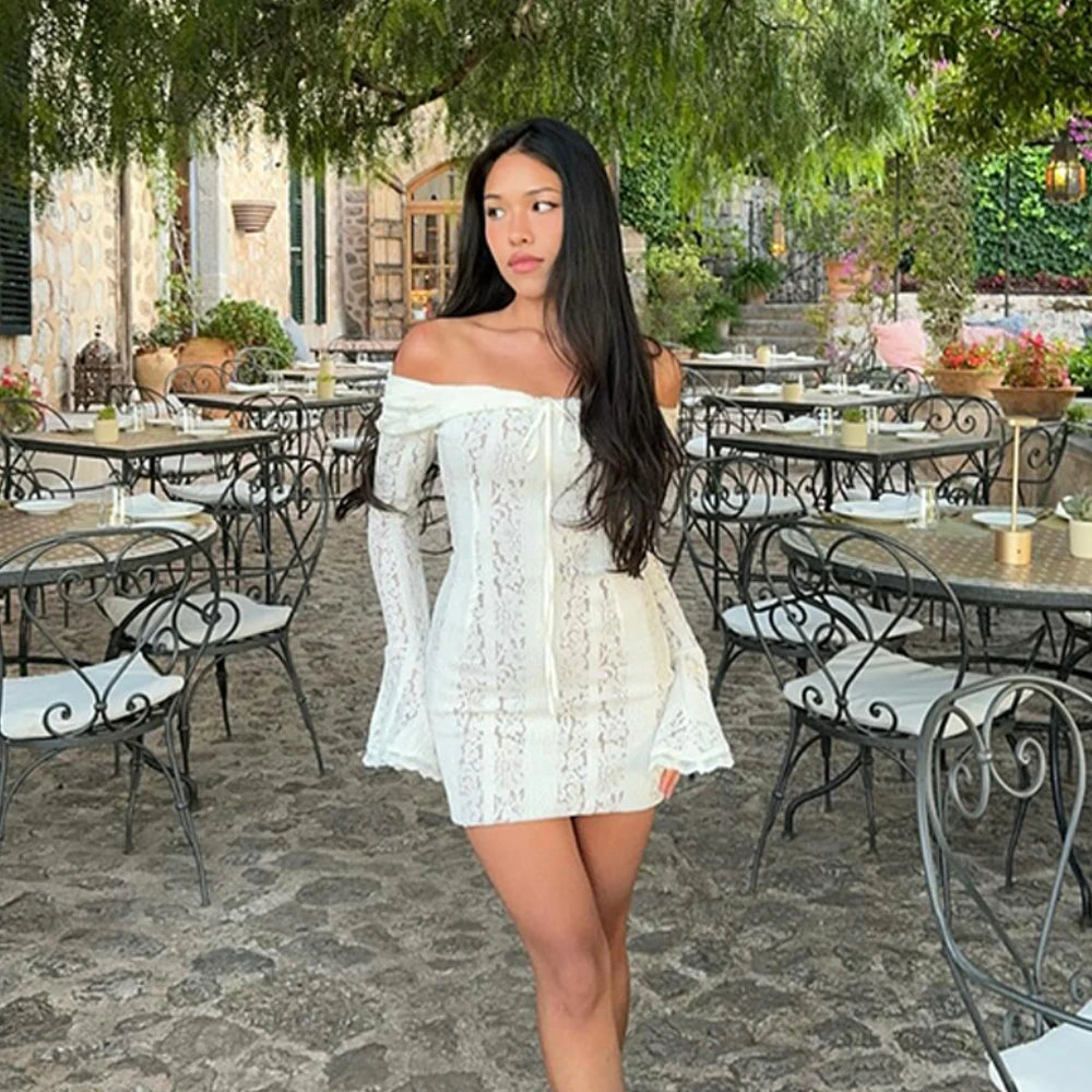 Off Shoulder Bodycon Dress - Elegant Lace Maxi Dress With Long Sleeve | Autumn Party - ZOOMNSTORE