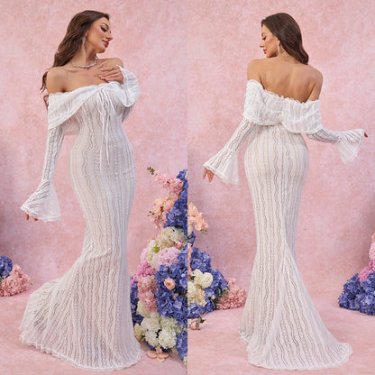 Off Shoulder Bodycon Dress - Elegant Lace Maxi Dress With Long Sleeve | Autumn Party - ZOOMNSTORE