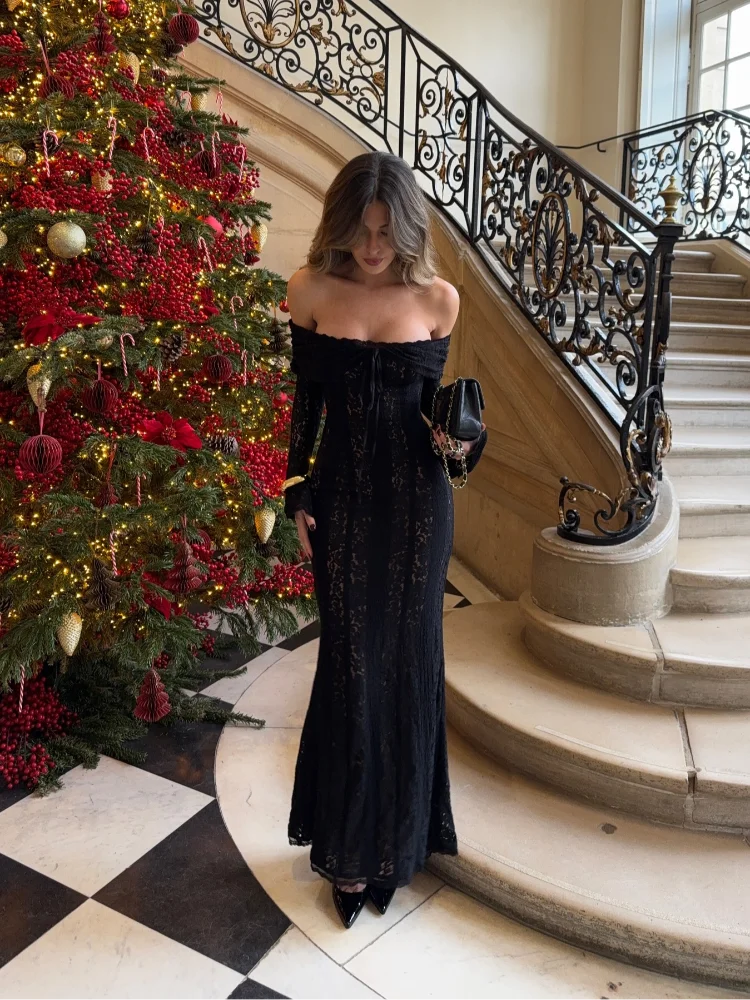 Off Shoulder Bodycon Dress - Elegant Lace Maxi Dress With Long Sleeve | Autumn Party - ZOOMNSTORE