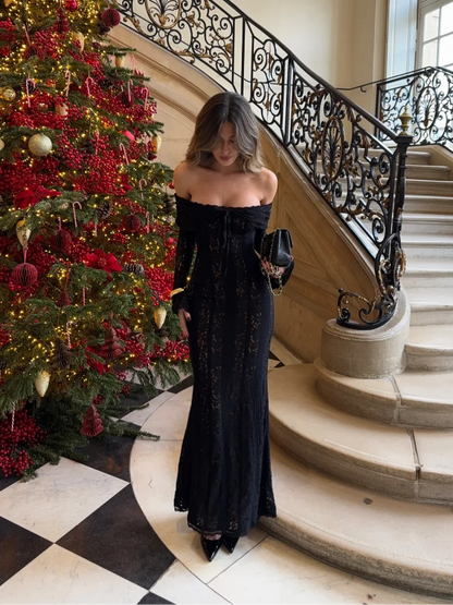 Off Shoulder Bodycon Dress - Elegant Lace Maxi Dress With Long Sleeve | Autumn Party - ZOOMNSTORE