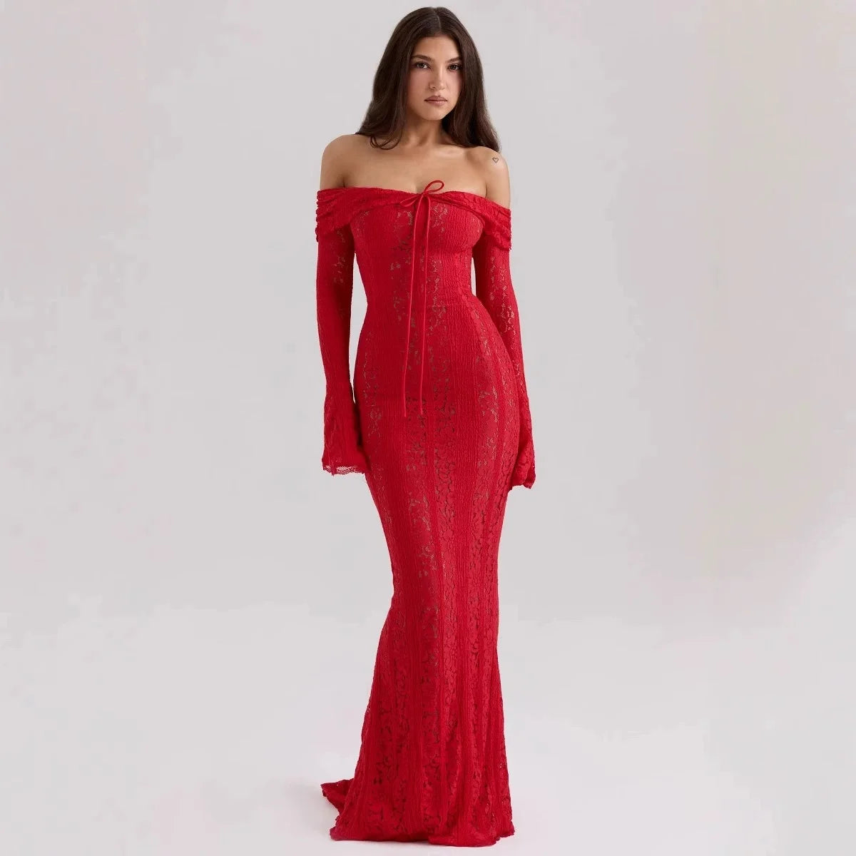 Off Shoulder Bodycon Dress - Elegant Lace Maxi Dress With Long Sleeve | Autumn Party - ZOOMNSTORE