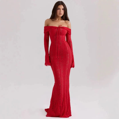 Off Shoulder Bodycon Dress - Elegant Lace Maxi Dress With Long Sleeve | Autumn Party - ZOOMNSTORE