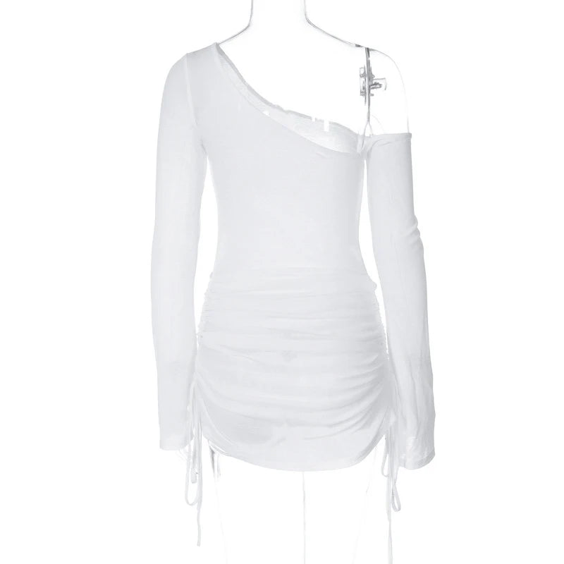 Off-Shoulder Sheer Mini Dress - Womens Ruched Long Sleeve Beach Cocktail Party Wear - ZOOMNSTORE
