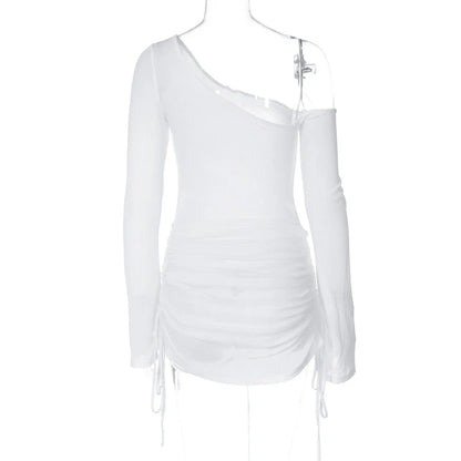 Off-Shoulder Sheer Mini Dress - Womens Ruched Long Sleeve Beach Cocktail Party Wear - ZOOMNSTORE