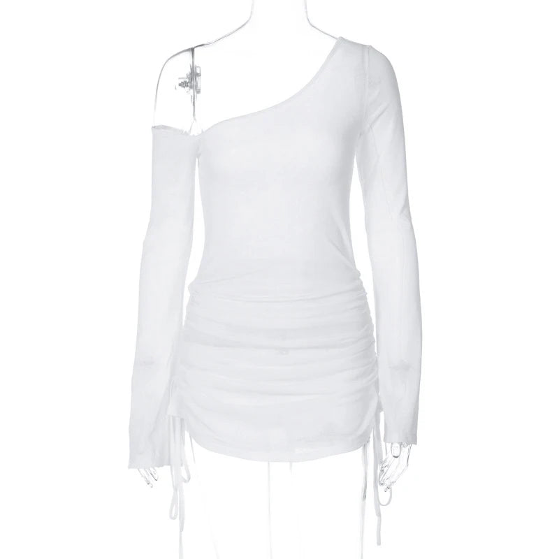 Off-Shoulder Sheer Mini Dress - Womens Ruched Long Sleeve Beach Cocktail Party Wear - ZOOMNSTORE