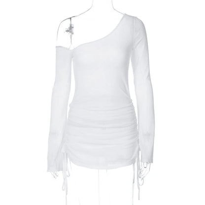 Off-Shoulder Sheer Mini Dress - Womens Ruched Long Sleeve Beach Cocktail Party Wear - ZOOMNSTORE