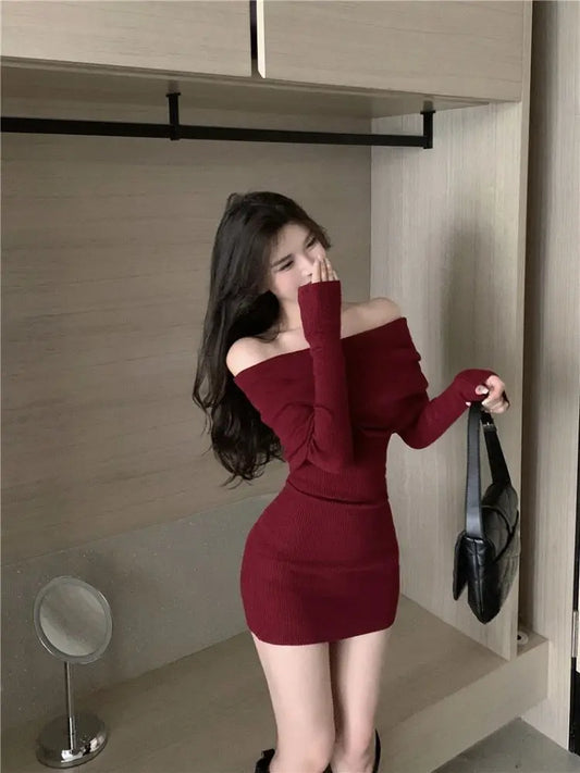 Elegant Off Shoulder Mini Dress - Long Sleeve Bodycon Sweater Dress for Women - ZOOMNSTORE