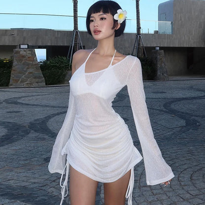 Off-Shoulder Sheer Mini Dress - Womens Ruched Long Sleeve Beach Cocktail Party Wear - ZOOMNSTORE