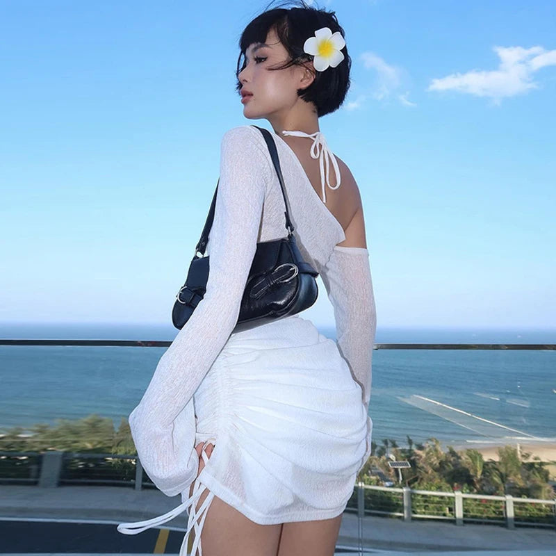 Off-Shoulder Sheer Mini Dress - Womens Ruched Long Sleeve Beach Cocktail Party Wear - ZOOMNSTORE