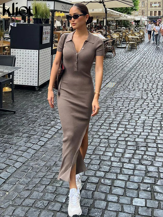 Office Lady Maxi Dress – Women's Sheath Summer Dress With Turn-Down Collar & Button Side Slit - ZOOMNSTORE