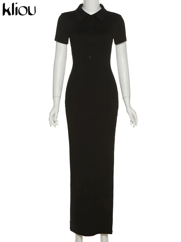 Office Lady Maxi Dress – Women's Sheath Summer Dress With Turn-Down Collar & Button Side Slit - ZOOMNSTORE