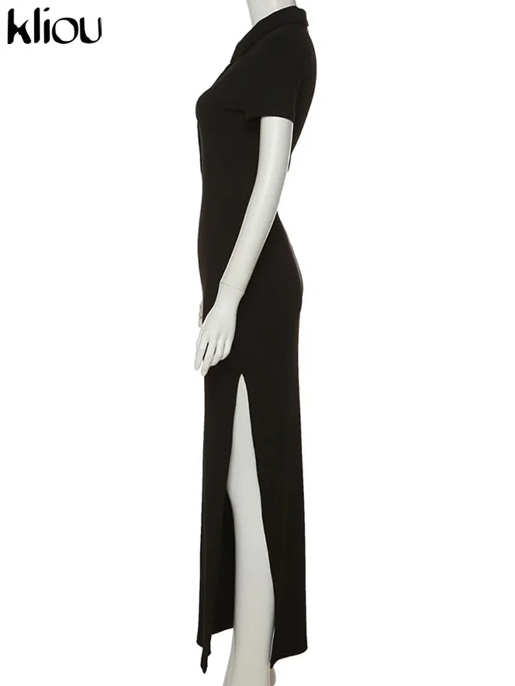 Office Lady Maxi Dress – Women's Sheath Summer Dress With Turn-Down Collar & Button Side Slit - ZOOMNSTORE