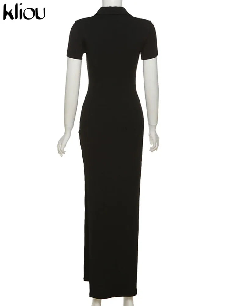 Office Lady Maxi Dress – Women's Sheath Summer Dress With Turn-Down Collar & Button Side Slit - ZOOMNSTORE