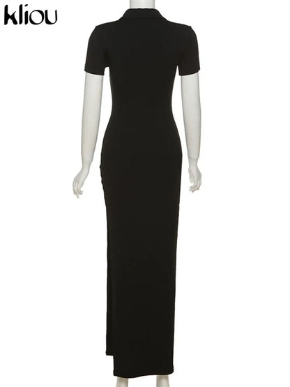 Office Lady Maxi Dress – Women's Sheath Summer Dress With Turn-Down Collar & Button Side Slit - ZOOMNSTORE
