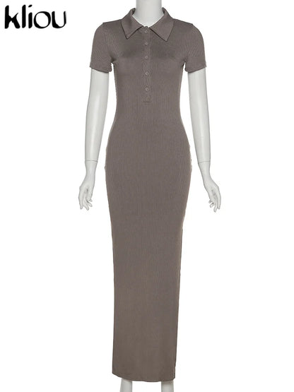 Office Lady Maxi Dress – Women's Sheath Summer Dress With Turn-Down Collar & Button Side Slit - ZOOMNSTORE