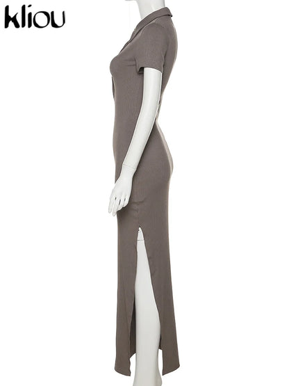 Office Lady Maxi Dress – Women's Sheath Summer Dress With Turn-Down Collar & Button Side Slit - ZOOMNSTORE