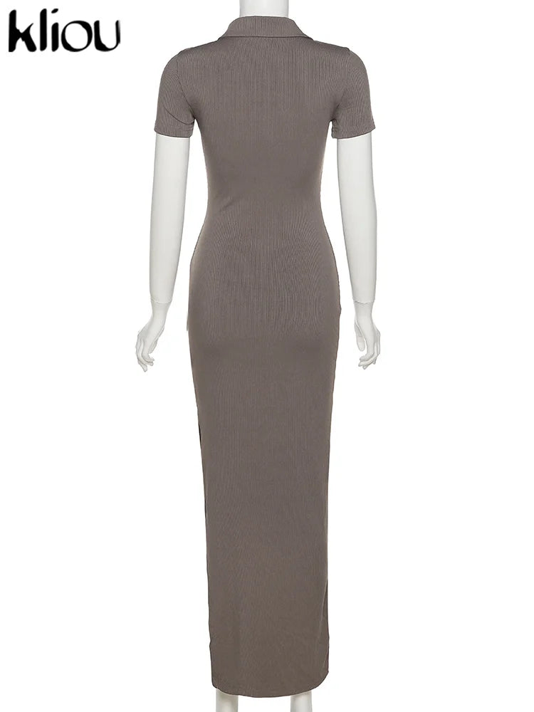Office Lady Maxi Dress – Women's Sheath Summer Dress With Turn-Down Collar & Button Side Slit - ZOOMNSTORE