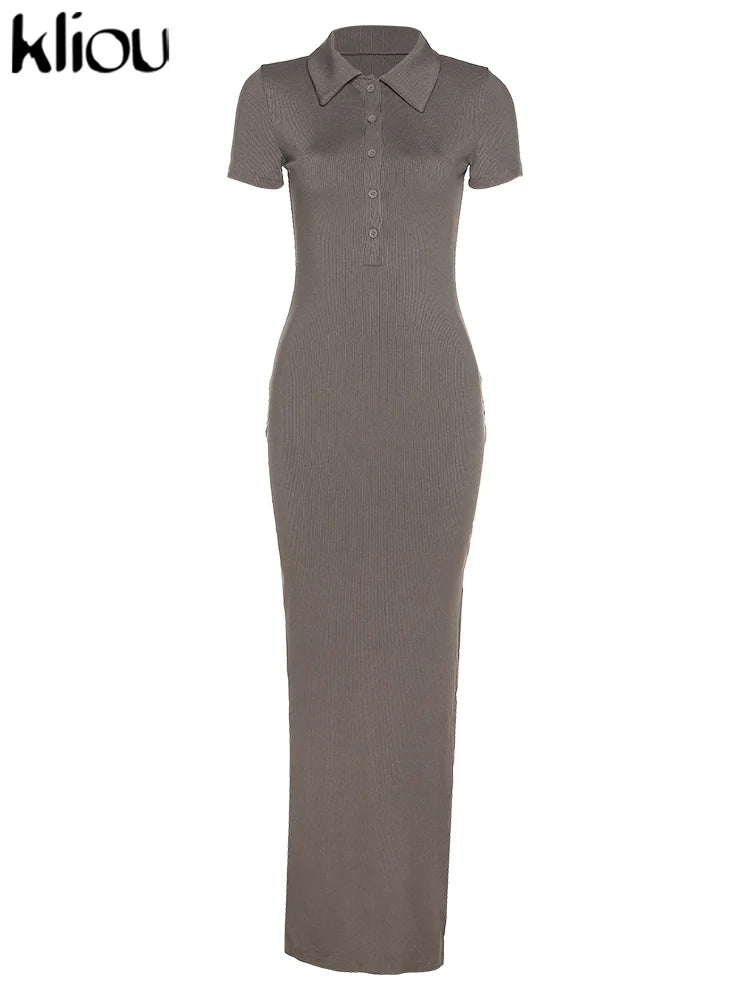 Office Lady Maxi Dress – Women's Sheath Summer Dress With Turn-Down Collar & Button Side Slit - ZOOMNSTORE