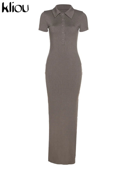 Office Lady Maxi Dress – Women's Sheath Summer Dress With Turn-Down Collar & Button Side Slit - ZOOMNSTORE