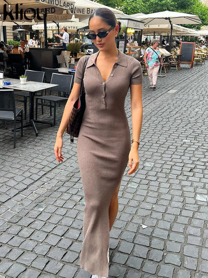 Office Lady Maxi Dress – Women's Sheath Summer Dress With Turn-Down Collar & Button Side Slit - ZOOMNSTORE