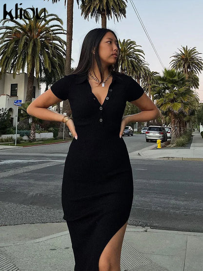 Office Lady Maxi Dress – Women's Sheath Summer Dress With Turn-Down Collar & Button Side Slit - ZOOMNSTORE