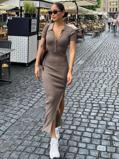 Office Lady Maxi Dress – Women's Sheath Summer Dress With Turn-Down Collar & Button Side Slit - ZOOMNSTORE