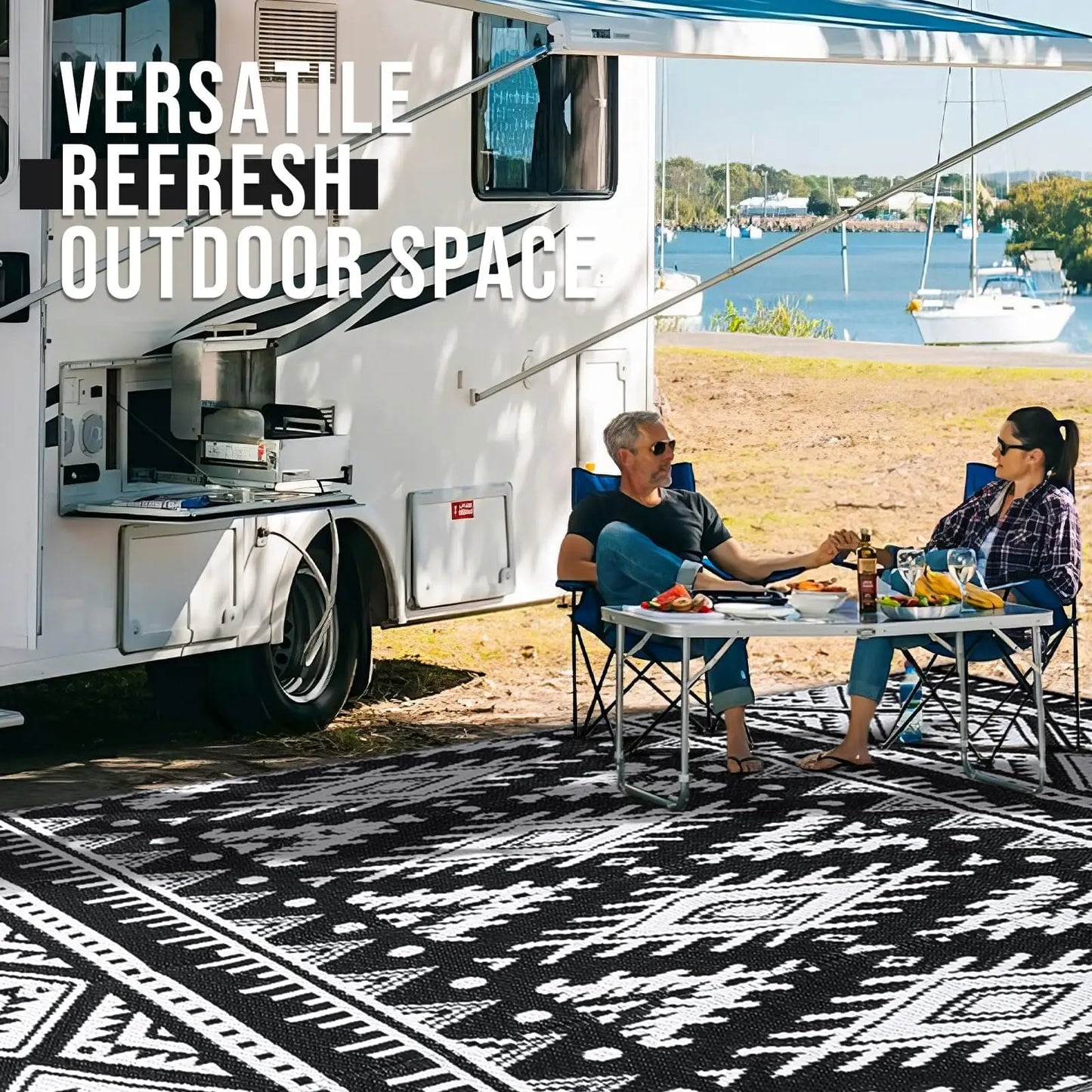 Reversible Waterproof Outdoor Rug - Boho Plastic Straw Mat for Patio RV Camp Picnic - ZOOMNSTORE