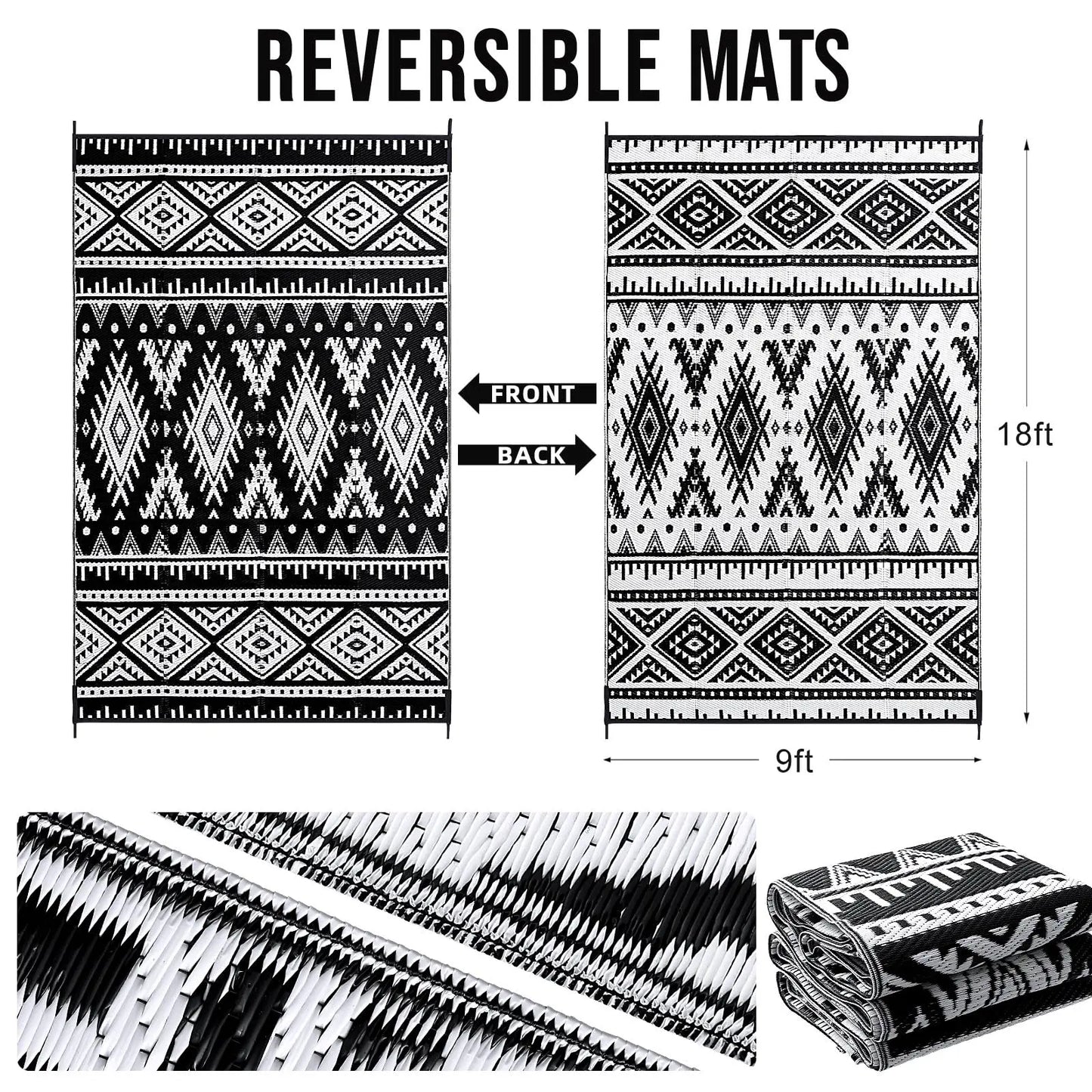 Reversible Waterproof Outdoor Rug - Boho Plastic Straw Mat for Patio RV Camp Picnic - ZOOMNSTORE