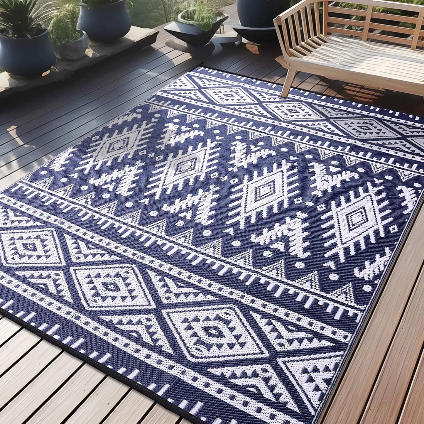Reversible Waterproof Outdoor Rug - Boho Plastic Straw Mat for Patio RV Camp Picnic - ZOOMNSTORE