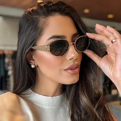 Oval Sunglasses - Metal Frame Classic Shades for Women Men | Trendy Eyewear - ZOOMNSTORE